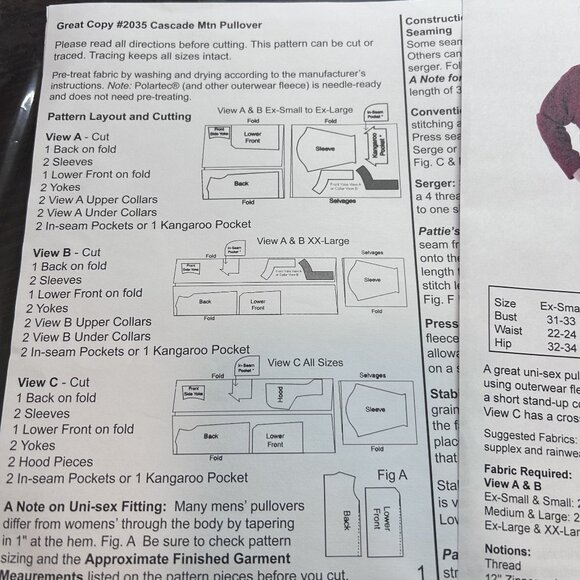 Great Copy Patterns 2035 “Cascade Mtn Pullover” (XS-XXL) Sewing Pattern Uncut FF - Picture 4 of 5